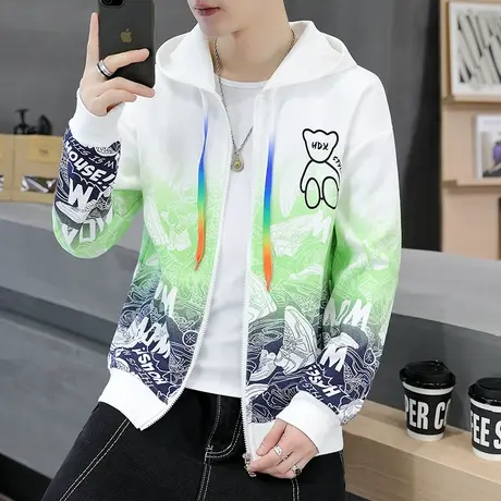 连帽开衫卫衣男春秋款卡通小熊印花外套男士潮牌夹克百搭秋装上衣商品大图