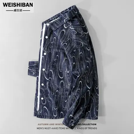 潮流复古波浪提花牛仔衬衫男潮牌小众设计高街休闲宽松衬衣式外套商品大图