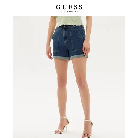 GUESS女超大口袋设计中腰翻边水洗蓝牛仔短裤-Q3PD44D51V0商品大图