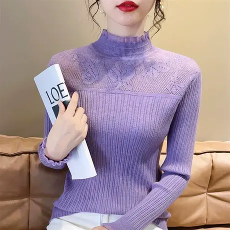 洋气蕾丝半高领毛衣打底衫女内搭春秋新款修身长袖软糯针织衫上衣图片