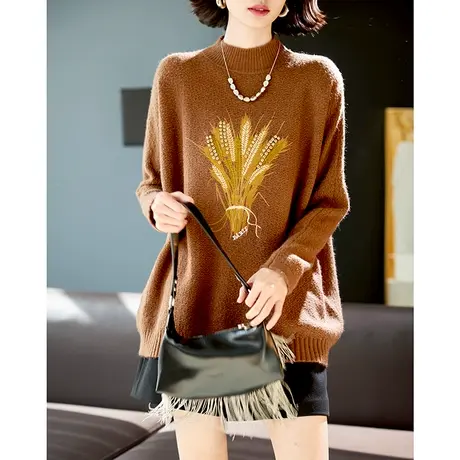 宝诗黎半高领刺绣钉钻套头毛衣女时尚宽松2024春季新款洋气针织衫图片