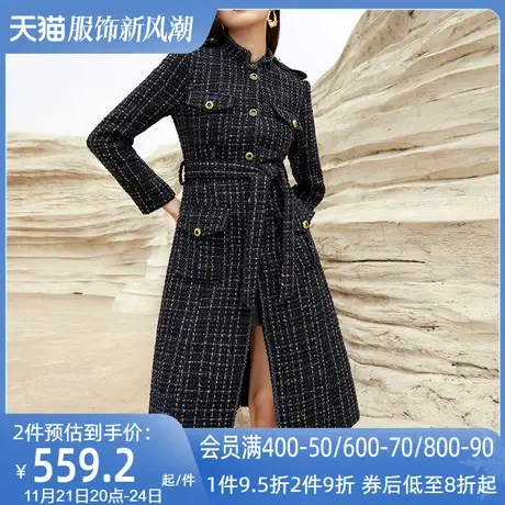 AUI欧洲站藏青色中长款毛呢外套女2023冬新款小香风修身呢子大衣商品大图