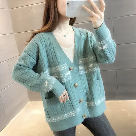 2023秋冬新款韩版文艺复古宽松简约毛衣开衫女V领网红针织衫外套图片