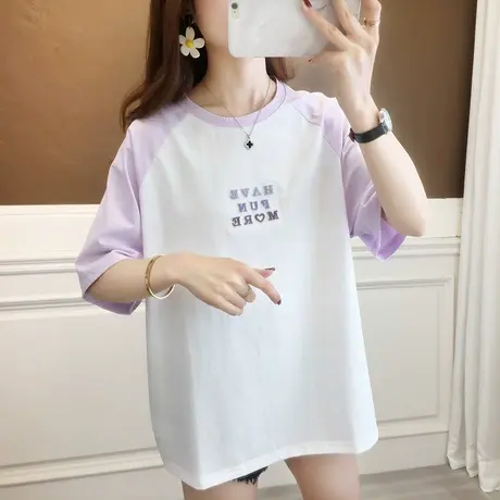 大码中长款t恤女短袖2023新款夏季宽松显瘦正肩半袖上衣棉体恤潮商品大图