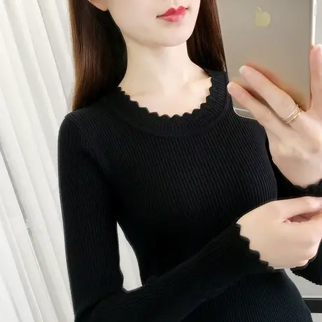 黑色打底衫女春秋2024年新款修身紧身针织衫长袖上衣百搭薄款毛衣商品大图
