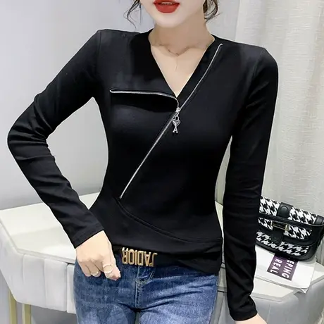 2024早秋新款设计感拉链上衣女长袖洋气两穿T恤内搭修身打底小衫图片