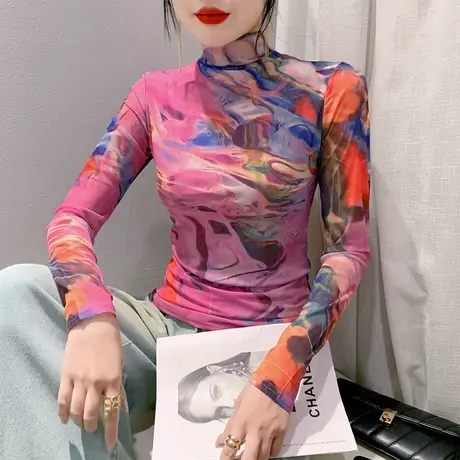 设计感扎染印花半高领上衣性感网纱透气T恤女长袖洋气修身打底衫商品大图