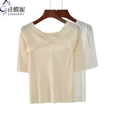 春夏新款韩版镂空性感纯色修身针织衫半袖上衣内搭打底中袖女体恤商品大图