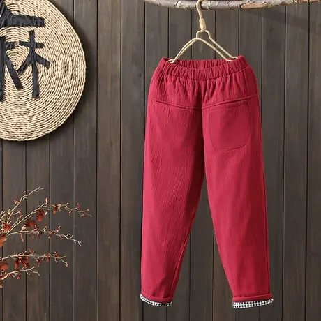 枫谜2022年冬季新款复古文艺夹棉松紧腰格子拼接宽松休闲哈伦裤图片