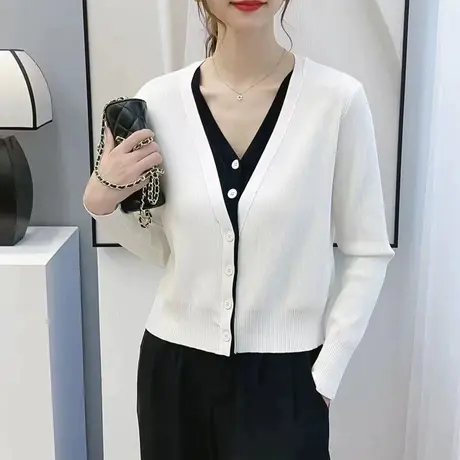 2024秋装新款假两件针织开衫内搭长袖撞色打底衫修身显瘦百搭上衣商品大图