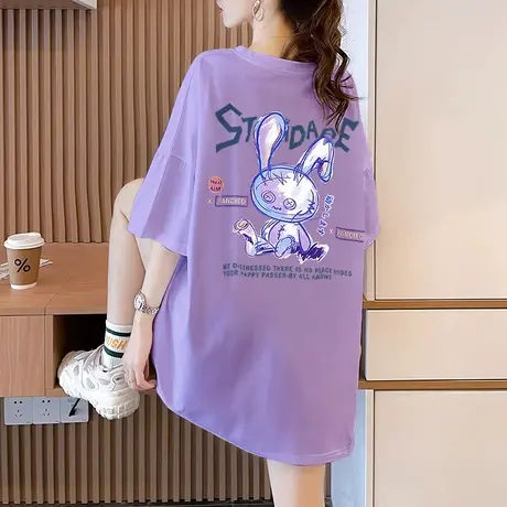 2023新款紫色短袖t恤女夏季中长款纯棉宽松韩版港风卡通印花上衣商品大图
