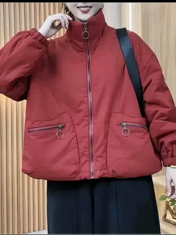 2023年冬季女士短款夹棉短款外套宽松休闲拉链口袋立领设计棉服图片