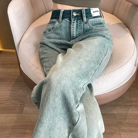 窄版直筒做旧阔腿牛仔裤女秋冬季2023新款复古设计感高腰拖地裤子商品大图
