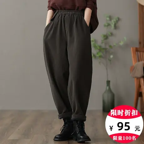 dza 高腰显瘦工装加绒裤子女冬季宽松阔腿裤休闲哈伦裤纯色直筒裤商品大图