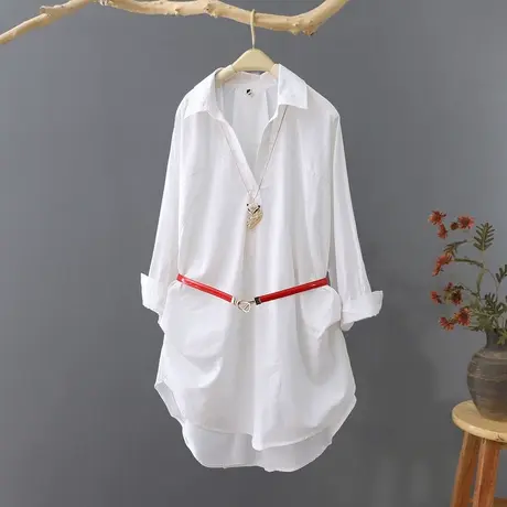 春季新款中长款V领时尚白衬衫裙女小众轻熟温柔风上衣显瘦衬衣裙商品大图