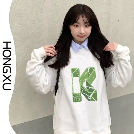 红续加厚加绒无帽圆领卫衣潮chic小众设计感印花上衣长袖宽松百搭商品大图