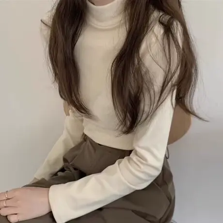 半高领加绒加厚长袖T恤女秋冬百搭洋气减龄修身显瘦德绒打底上衣图片