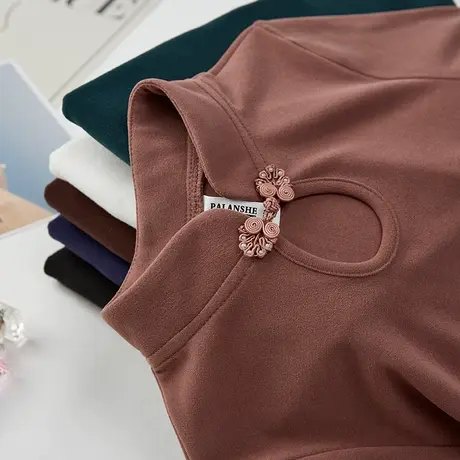 秋冬新款中国民族风纯色修身德绒国潮中国结领长袖体恤上衣内搭女商品大图