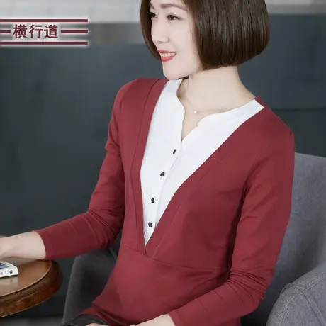 打底衫V领黑色长袖2024春季上衣时尚女装洋气假两件莫代尔T恤体恤商品大图