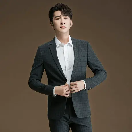 单西服男士商务正装修身灰色格子西装结婚新郎伴郎春季休闲外套图片