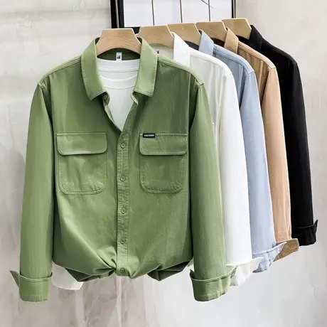 秋季新款宽松纯色休闲长袖衬衫日系工装潮牌男纯棉口袋衬衣男外套商品大图