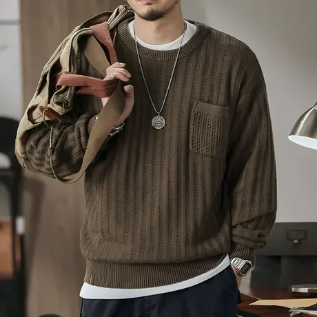 毛衣男款冬季7针面料百搭圆领毛衣柔软透气复古长袖毛衣百搭男款图片