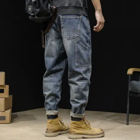 多口袋工装牛仔裤男春秋款潮牌宽松直筒大码裤子2024新款男士长裤商品大图