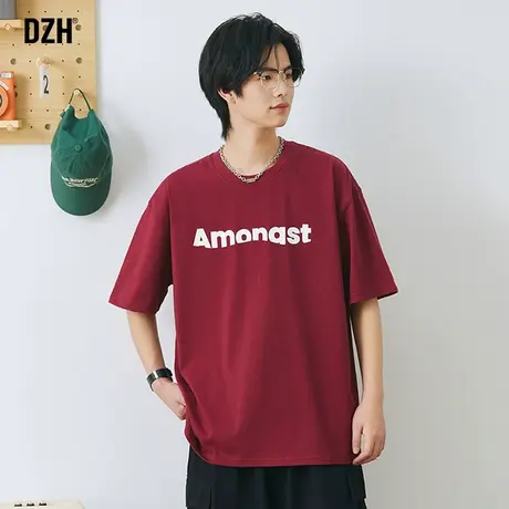 男士酒红色重磅t恤男夏季潮牌纯棉短袖男款半截袖2023新款体恤衫商品大图