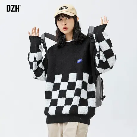 男生棋盘格圆领毛衣男潮牌宽松秋冬情侣针织衫2023新款毛线衣内搭商品大图