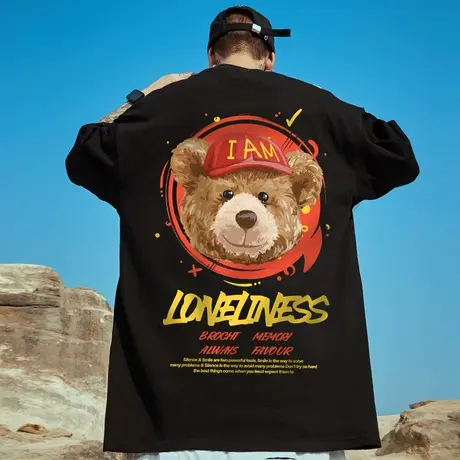 潮牌加肥加大T恤男宽松情侣小熊短袖胖子潮流ins半袖纯棉大码男装商品大图