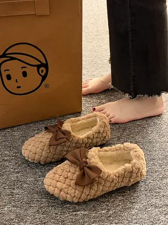2023冬天豆豆鞋女韩版加绒蝴蝶结棉鞋女秋冬外穿一脚蹬平底毛毛鞋商品大图