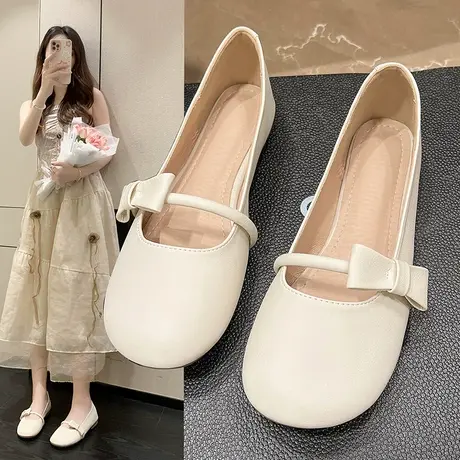圆头单鞋女平底一脚蹬孕妇鞋子夏季透气真皮女鞋小皮鞋软底玛丽珍商品大图