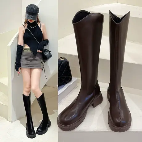 长筒靴女2024新款秋冬季棕色高筒骑士靴大腿围胖mm显瘦复古长靴子商品大图
