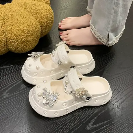 洞洞鞋女夏季时尚珍珠花朵居家外穿踩屎感厚底防滑包头两穿凉拖鞋图片