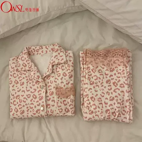 高级感韩版ins睡衣女秋冬季海岛绒保暖珊瑚绒豹纹家居服商品大图