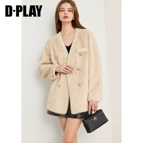 DPLAY小香风外套冬米色皮毛一体外套仿皮草保暖毛毛外套环保皮草商品大图