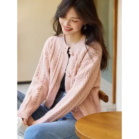 时尚气质毛衣开衫2023年秋季新款淑女温柔圆领宽松显瘦牛角扣上衣商品大图