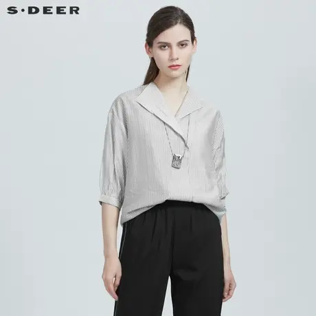 sdeer圣迪奥夏季时尚翻领撞色条纹宽松中袖衬衫S21260418图片
