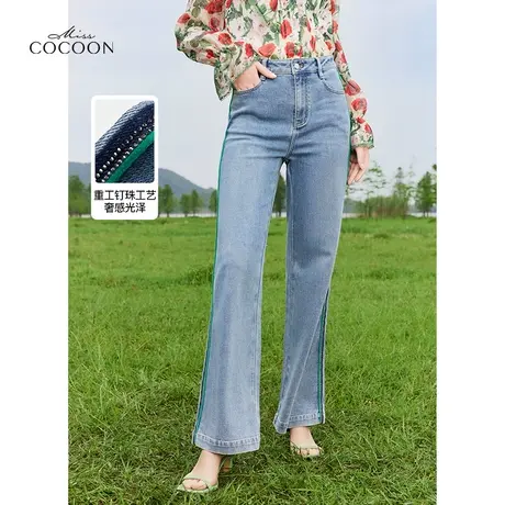 【秋上新】missCOCOON时尚拼色裤子2023秋季新款女高腰直筒牛仔裤商品大图