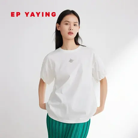 EP YAYING雅莹女装 白色宽松纯棉圆领短袖t恤 2023新款5338A图片