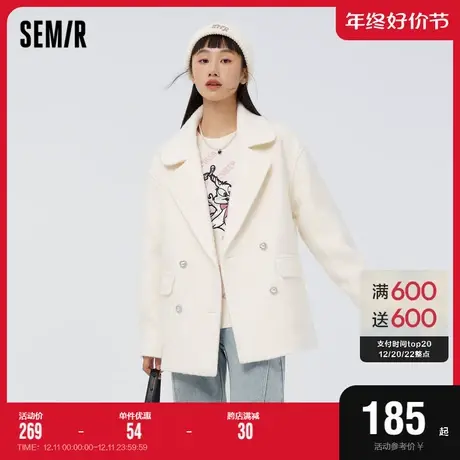 森马外套女中长含绵羊毛宽松白色百搭2022冬新款呢子大衣时尚帅气图片