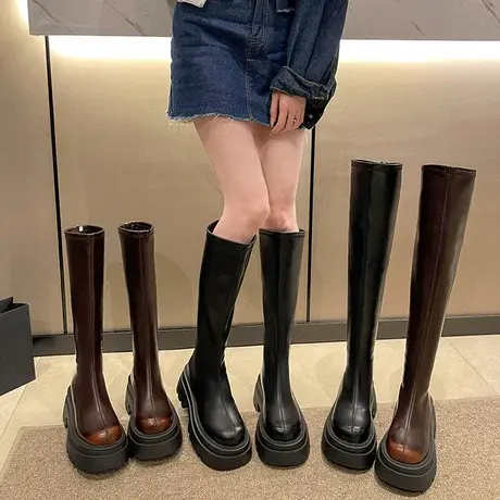 长筒靴女2023年秋冬季新款厚底时尚高跟过膝靴保暖加厚粗跟骑士靴图片