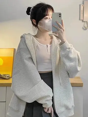 卫衣女2023新款秋冬季小个子高级感宽松连帽加绒加厚开衫拉链外套商品大图