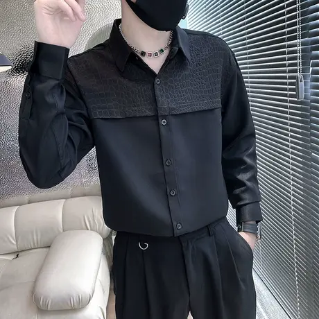 秋装衬衫长袖韩版潮流拼接痞帅寸衫2022新款发型师潮牌ins衬衣商品大图