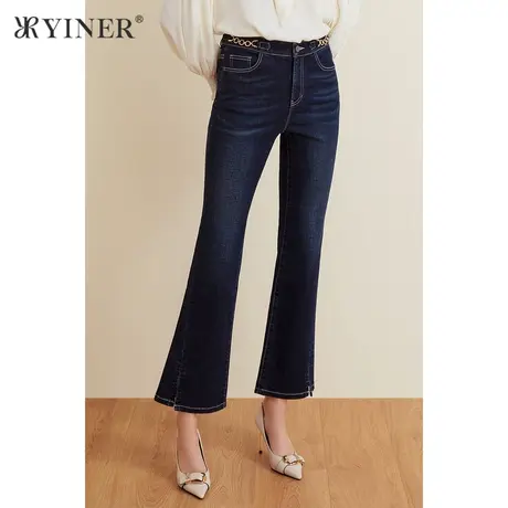*YINER音儿女装春季新款金属装饰微喇叭牛仔裤图片