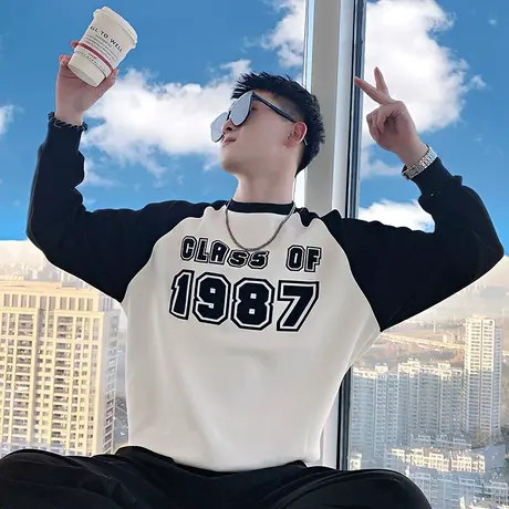春秋季卫衣男ins潮牌撞色长袖T恤2023新款男装上衣痞帅百搭外套潮商品大图