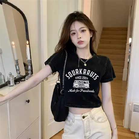 短袖t恤女2023夏季新款韩版小个子短款复古印花上衣辣妹正肩体恤商品大图