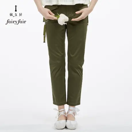 淑女屋夏装裤子女系带军绿色拉链口袋高腰长裤百搭修身个性图片