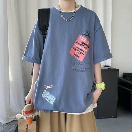 撞色短袖t恤男夏季纯棉潮牌潮流设计感小众上衣服宽松半袖体恤衫商品大图