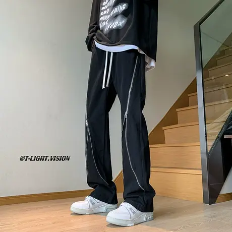 纯色拉链休闲裤男hiphop潮牌直筒裤子小众设计感宽松显瘦阔腿裤潮商品大图